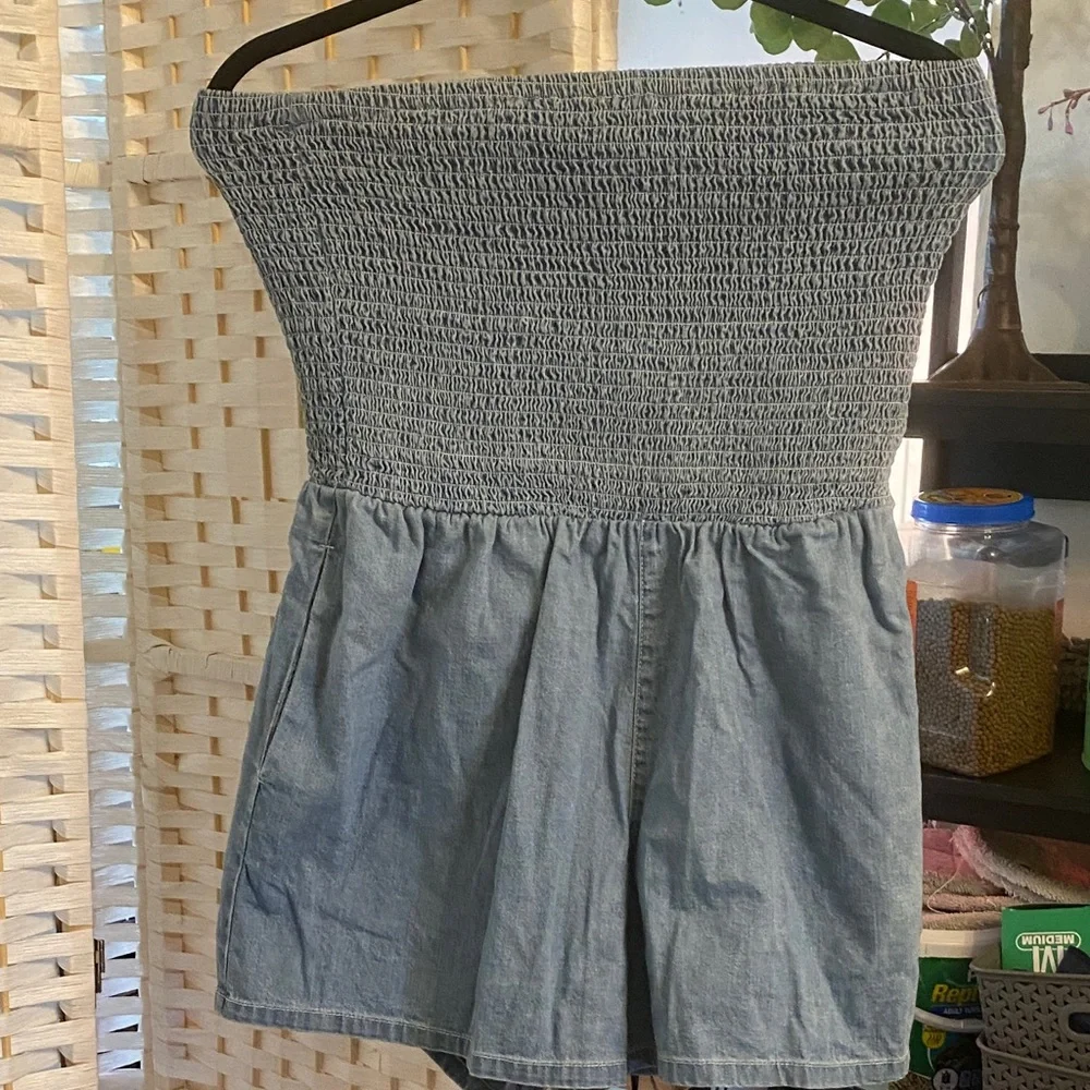 American Apparel Light Wash Smocked Denim Romper - Picture 3 of 4